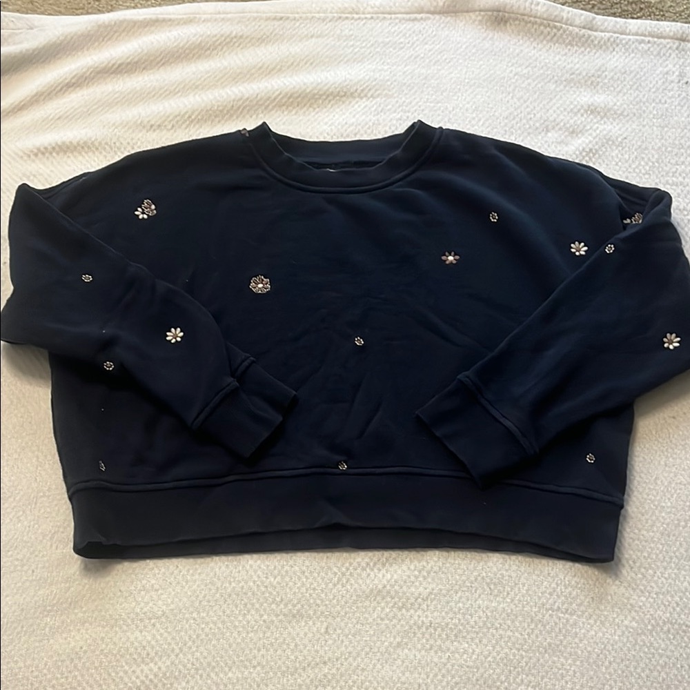 Madewell Blue Crew Neck Sweater with Flower Embellishments